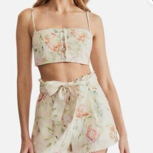 NWT Caroline Constas Floral Linen Short Set Cream